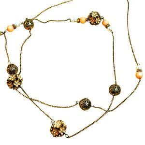 Pink Floral Gold Tone Beads Long Station Necklace